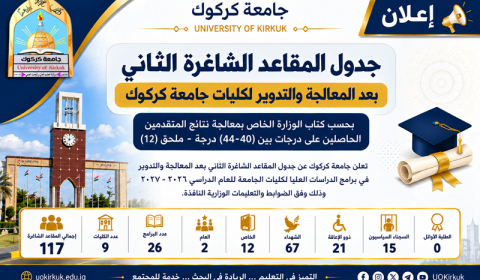 جامعة كركوك تعلن جدول المقاعد الشاغرة الثاني بعد المعالجة والتدوير للدراسات العليا